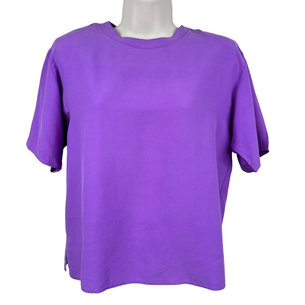 Vintage Petite Sophisticate Silk Blouse Top Short Sleeve 90's Boxy Purple Small